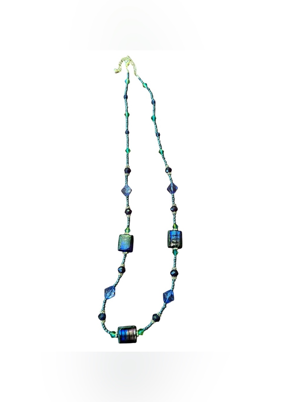 Blue Green Iridescent Art Glass & Micro Bead Necklace Aurora Borealis Metallic
